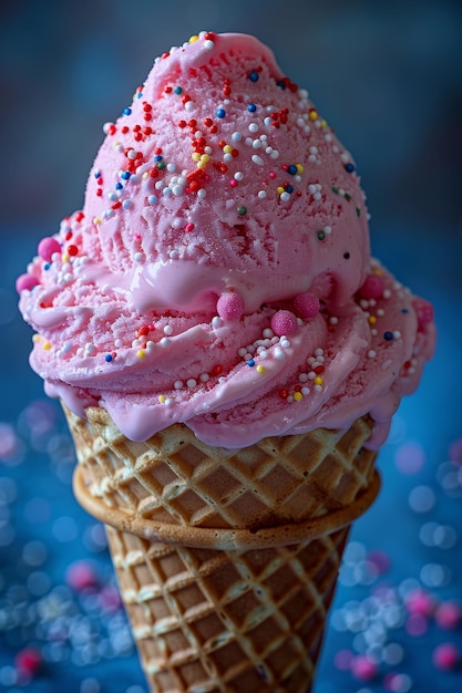 Aardbeien- of framboosijshoop versierd met kleurrijke besprenkelingen close-up Roze ijshoop in een wafelhoop tegen blauwe achtergrond Aardbeiden- of frambozen smaak