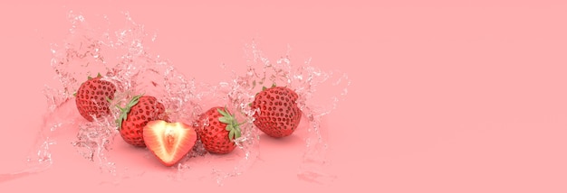 Aardbeien op een rode achtergrond in spatten van water, 3d illustratie