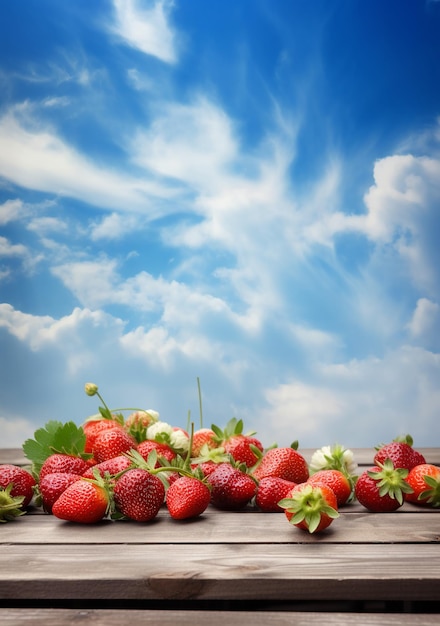 Aardbeien op een tafel met een blauwe hemelachtergrond