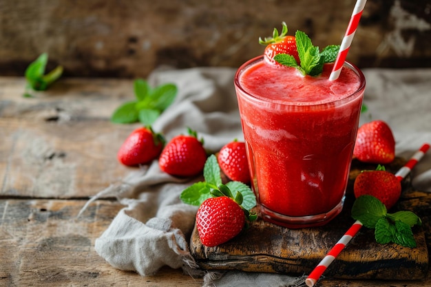 Aardbeien smoothie met munt op een rustieke achtergrond