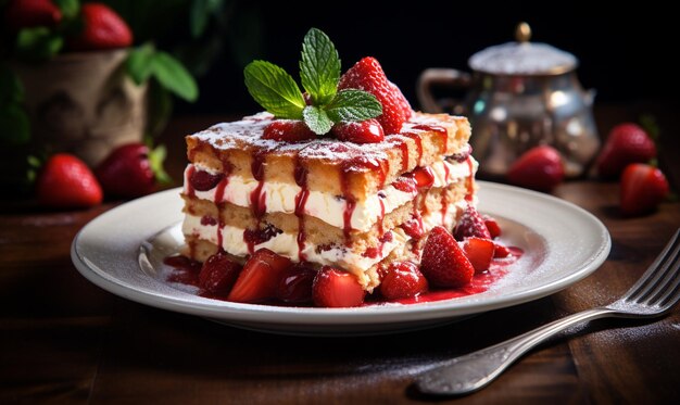 Aardbeien tiramisu versierd met muntbladeren Close Up Voedselfotografie