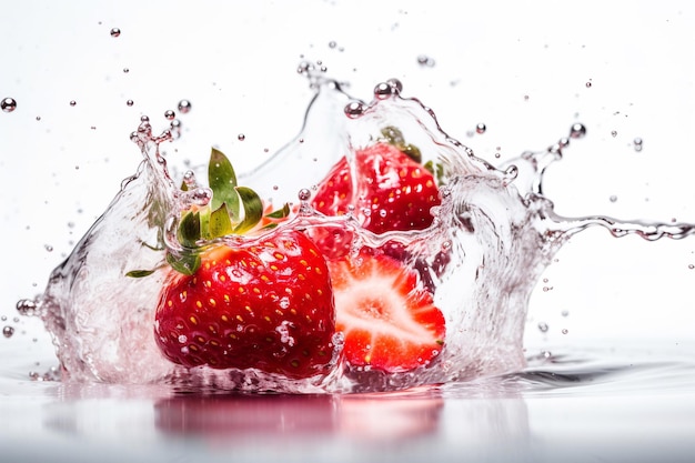 Aardbeien vallen in een waterplons.