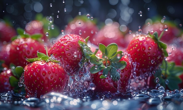 Aardbeien vallen in het water met spetteren.