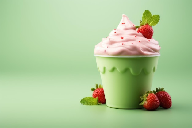 Aardbeien yoghurt in een groene plastic beker op een witte achtergrond Generative Ai