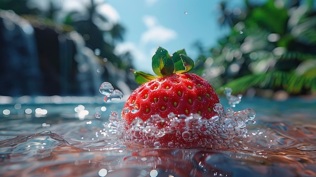 Aardbeien zweven boven het kristalheldere water naast palmbladeren brede lens ultra gedetailleerd