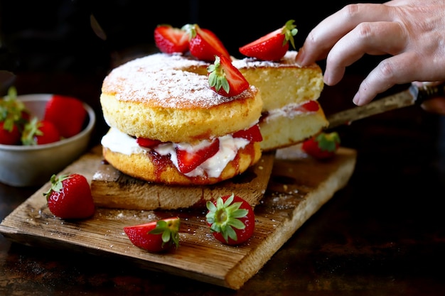 Aardbeienbiscuitgebak met verse aardbeien en room.