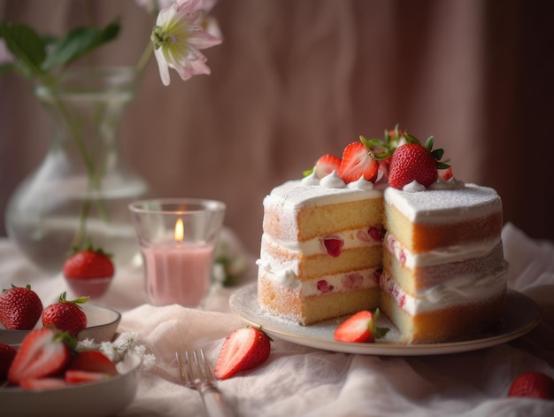 Aardbeienbiscuitgebak met verse aardbeien Generatieve AI