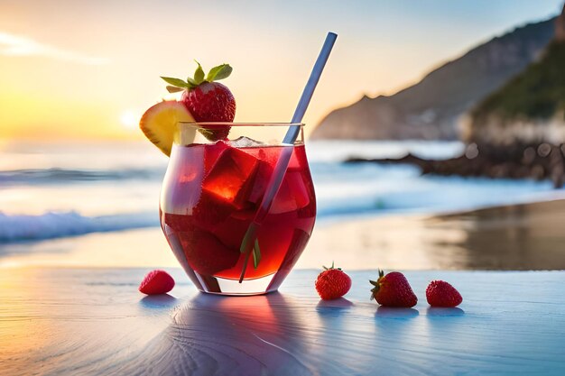 Aardbeiencocktail op het strand