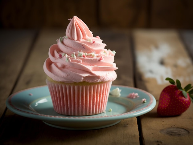 Aardbeiencupcake met glazuur op een pastelblauw gekleurd bord met een aardbei ernaast