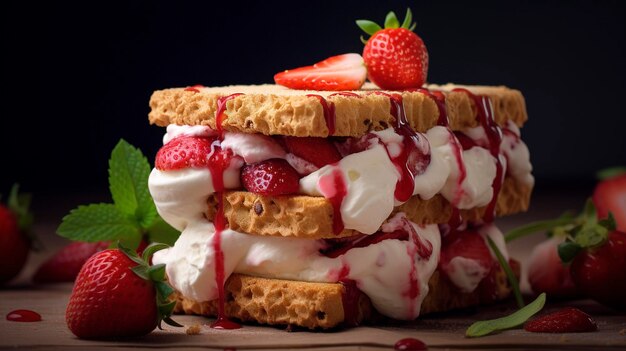 Aardbeienijs sandwich met verse aardbeien en siroop op een donkere achtergrond