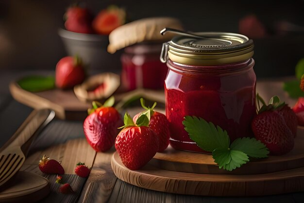 Aardbeienjam in de glazen pot met bessen Generatieve Ai