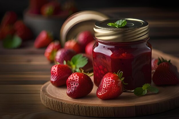 Aardbeienjam in de glazen pot met bessen Generatieve Ai