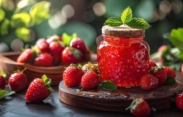 Aardbeienjam in een glazen pot en verse aardbeien op een donkere houten tafel