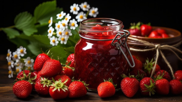 Aardbeienjam in een pot op een tafel voor wat verse aardbeien Generatieve AI