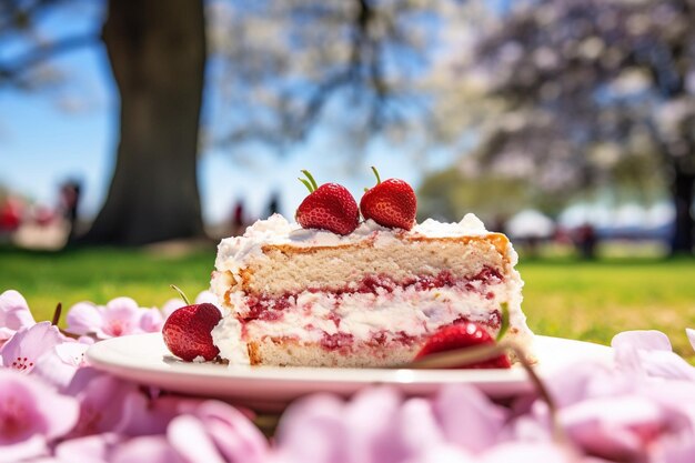 Aardbeienkoek met een plak die wordt geserveerd op een high tea op moedersdag