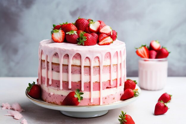 Aardbeienkoek met lagen roze roomkaas