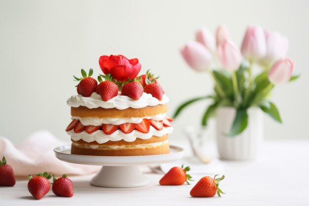 Aardbeienkoek met tulpen aan de zijkant Een voorjaarsvoedselconcept op een lichte zonnige achtergrond Generatieve AI-illustratie