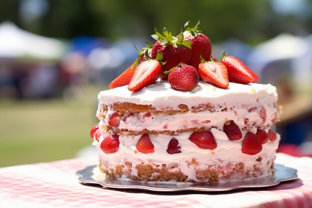 Foto aardbeienkoek op een dessertkar bij een voedsel- en wijnfestival