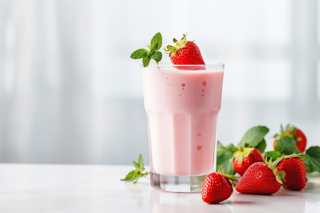 Aardbeienmelkcocktail in een glas met bessen op een witte keuken