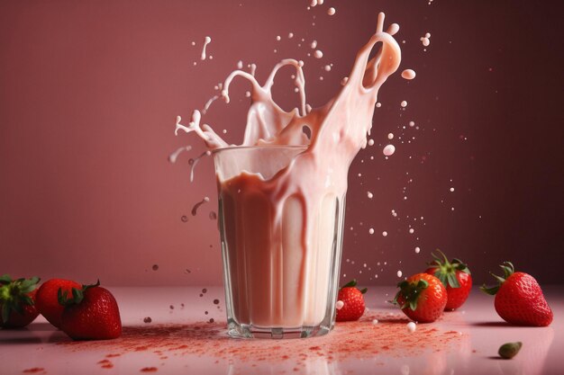 Aardbeienmilkshake met verse bessen op roze achtergrond