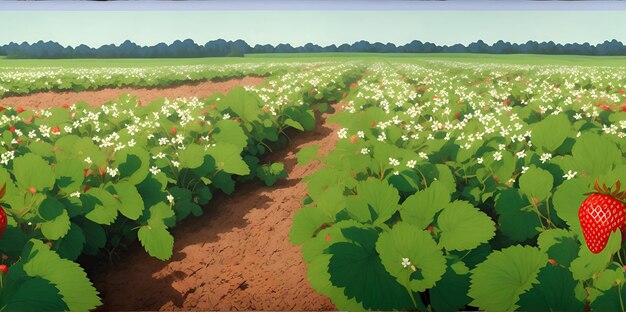 Aardbeienplantage op een zonnige dag Landschap met een Erdbeerfeld