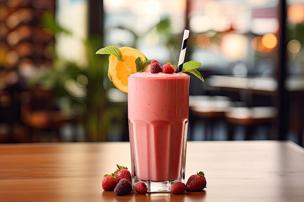 aardbeiensmoothie in een glas op een tafel in een café Een verfrissende fruitsmoothie gegoten in een helder glas op een caféachtige achtergrond AI gegenereerd