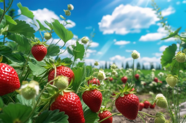 aardbeientuin op zonnige dag met blauwe hemelachtergrond