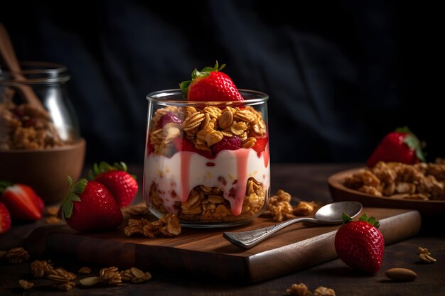 Aardbeienyoghurt granola parfait met gesneden noten en verse aardbeien bessen in een glazen pot op donkere achtergrond Generatieve AI