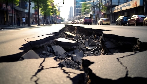 Aardbeving gebarsten wegstraat in de stad