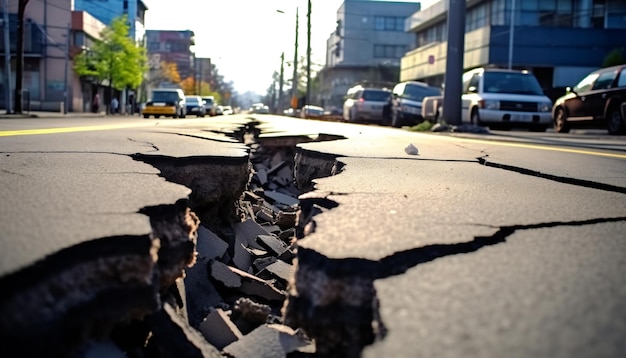 Aardbeving gebarsten wegstraat in de stad