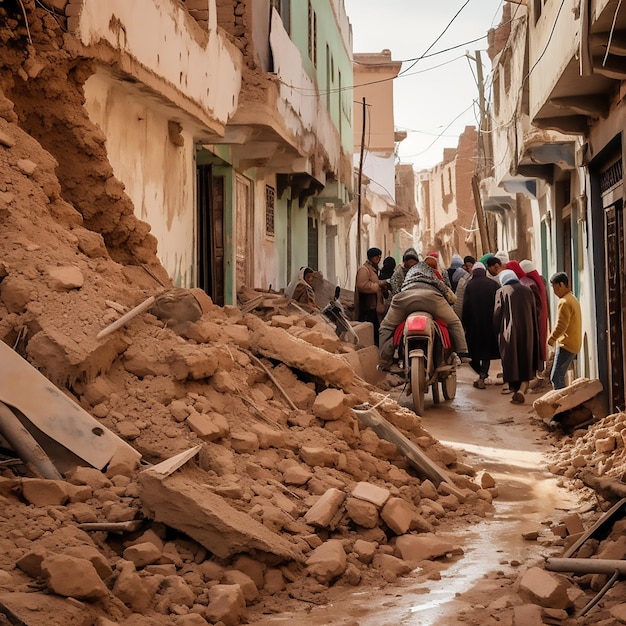 aardbeving in de stad Marokko en vernietigde straten