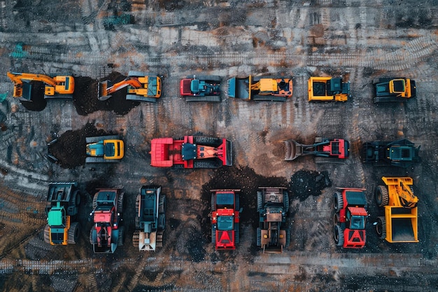 Aardbewegingsapparatuur Luchtbeeld van een grote bouwplaats met verschillende grondbewegingsmachines