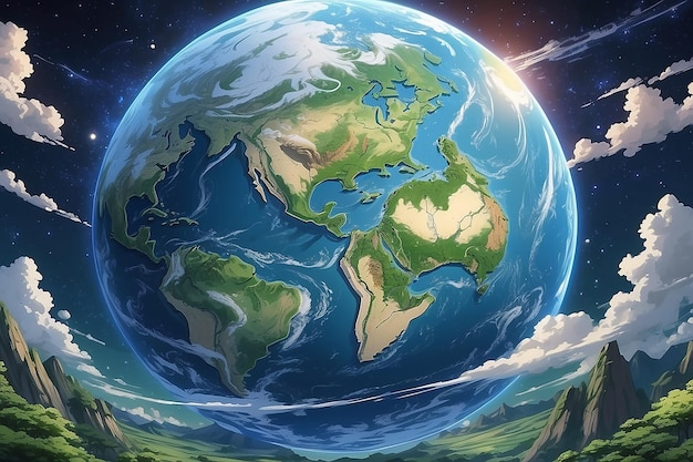 Aarde afgebeeld in anime-stijl