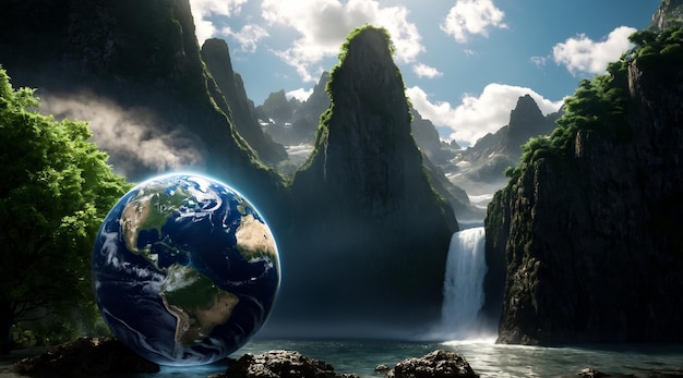 Foto aarde dag concept red de wereld bol op mos bol en bos milieuvriendelijke planeet aarde natuur achtergrond 8k