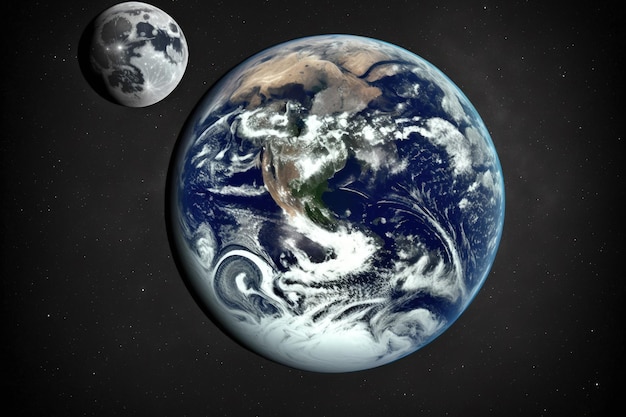 Aarde de volle maan en een sterrenhemel in de verte Aarde met zijn satelliet de maan op de achtergrond van de ruimte Deze afbeeldingscomponenten zijn geleverd door NASA