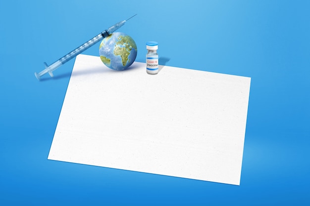 Aarde en covid 19 vaccins met leeg papier op een gekleurde achtergrond. Leeg papier voor kopieerruimte