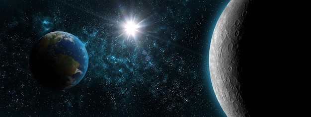 Aarde en maan gloeien op zwarte ruimte, ster background.is een astronomisch lichaam dat rond de planeet Earth.Earth's enige permanente natuurlijke satelliet draait. Elementen van dit beeld geleverd door NASA.3D illustratie