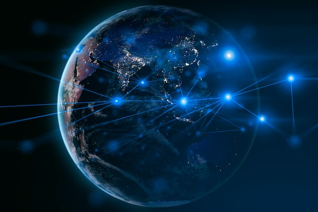 Aarde en netwerk van internetsatelliet voor telecomglobe data cloud-opslag van 5g wereldwijde netwerken van sociale datacommunicatiebedrijven Elementen van dit beeld geleverd door NASA