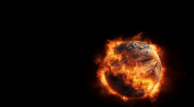 Aarde in brand Planeet aarde met vuurvlammen in de ruimte Oorlog atoombom waterstofbom kernbom milieuvervuilingsconcept Eind van de wereld kopieer ruimte Ruimte voor tekst