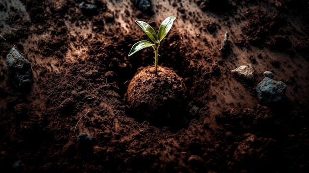 Aarde in de grond met plant erboven Generatieve AI