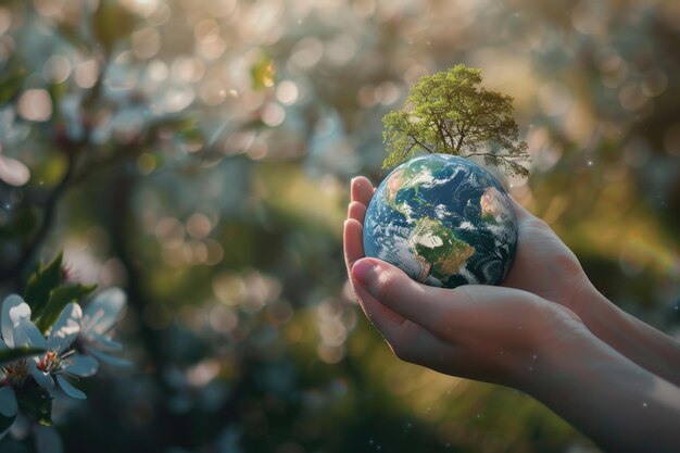 Aarde in de hand met boom tegen groene achtergrond CSR-concept