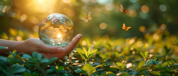 Aarde kristal glazen bol in menselijke hand met vliegende pauw oog vlinders op gras achtergrond Red het milieu en houd de planeet schoon Wereld Aardedag kaart