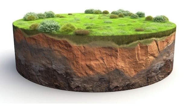 Foto aarde land bodemlagen 3d illustratie ronde bodem grond dwarsdoorsnede zweven landschap fantasie drijvend eiland