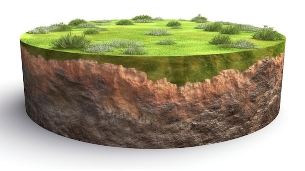 Foto aarde land bodemlagen 3d illustratie ronde bodem grond dwarsdoorsnede zweven landschap fantasie drijvend eiland