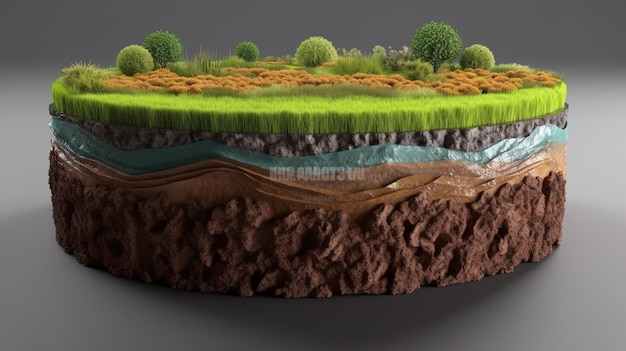 Foto aarde land bodemlagen 3d illustratie ronde bodem grond dwarsdoorsnede zweven landschap fantasie drijvend eiland