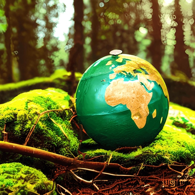 Foto aarde met meerdere bomen en planten globe glas op groene mos natuur achtergrond generatieve ai