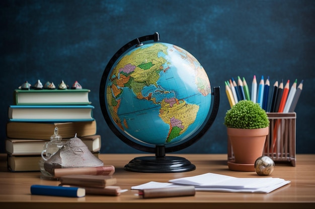 Foto aarde op een bureau met schoolbenodigdheden