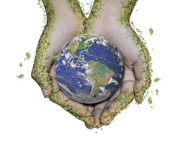 Aardeplaneet in vrouwelijke hand met groene bladeren voor Save the world Concept