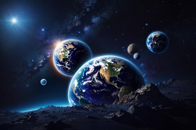 Aardeplaneet met maan op diepe ruimteachtergrond met heldere sterren en sterrenbeelden