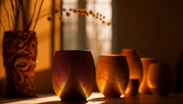 Aardewerk vaas op houten tafel elegant verlicht gegenereerd door AI